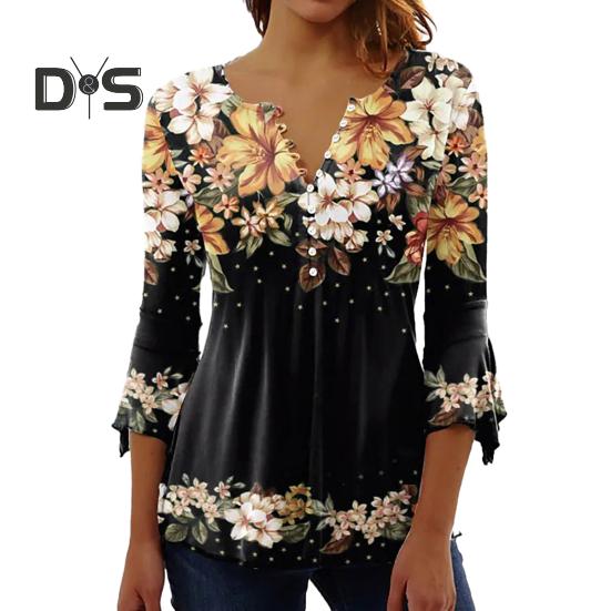 Women Spring Autumn V Neck Buttons Half Placket Blouse 3/4 Sleeves Loose Hem 3D Flower Print Pullover T Shirt Top Streetwear