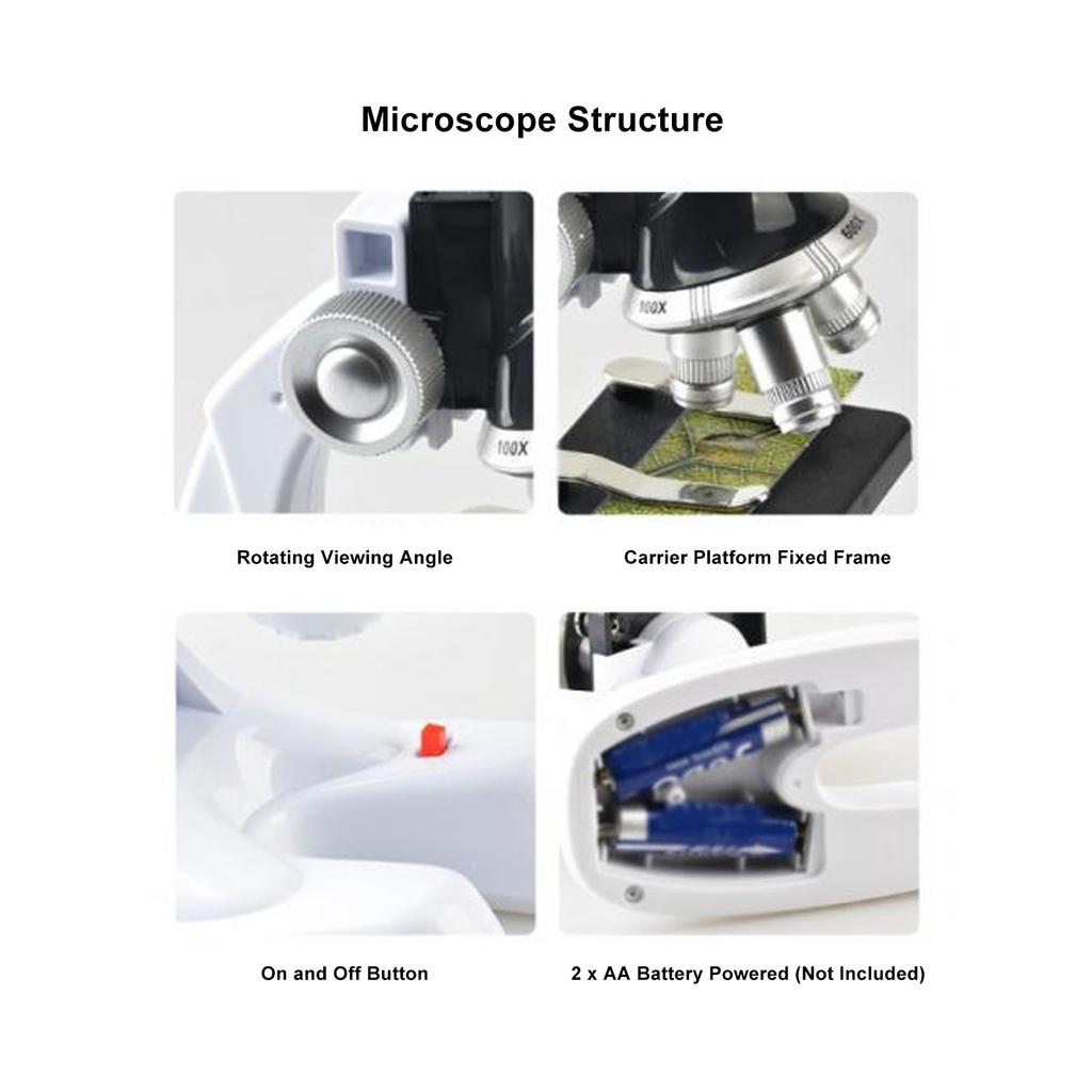 Kids Microscope Kit 100X 600X 1200X Magnification 3 Objective Lens Microscope Toy for Scientific Educational Experiment