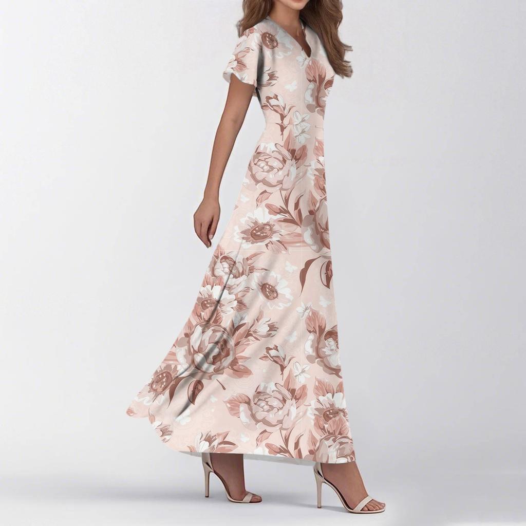 Rochii de vară casual de modă pentru femei, cu imprimeu, cu gât în V, cu mâneci scurte