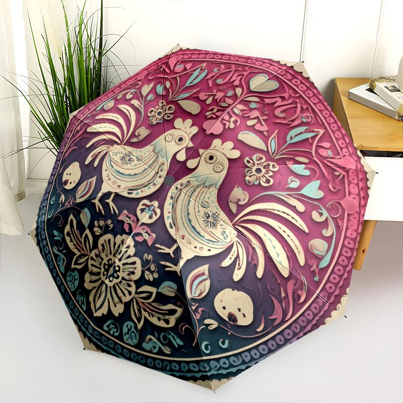 Rooster pattern, automatic folding umbrella, portable and foldable design, 8 ribs, a Christmas or birthday gift.