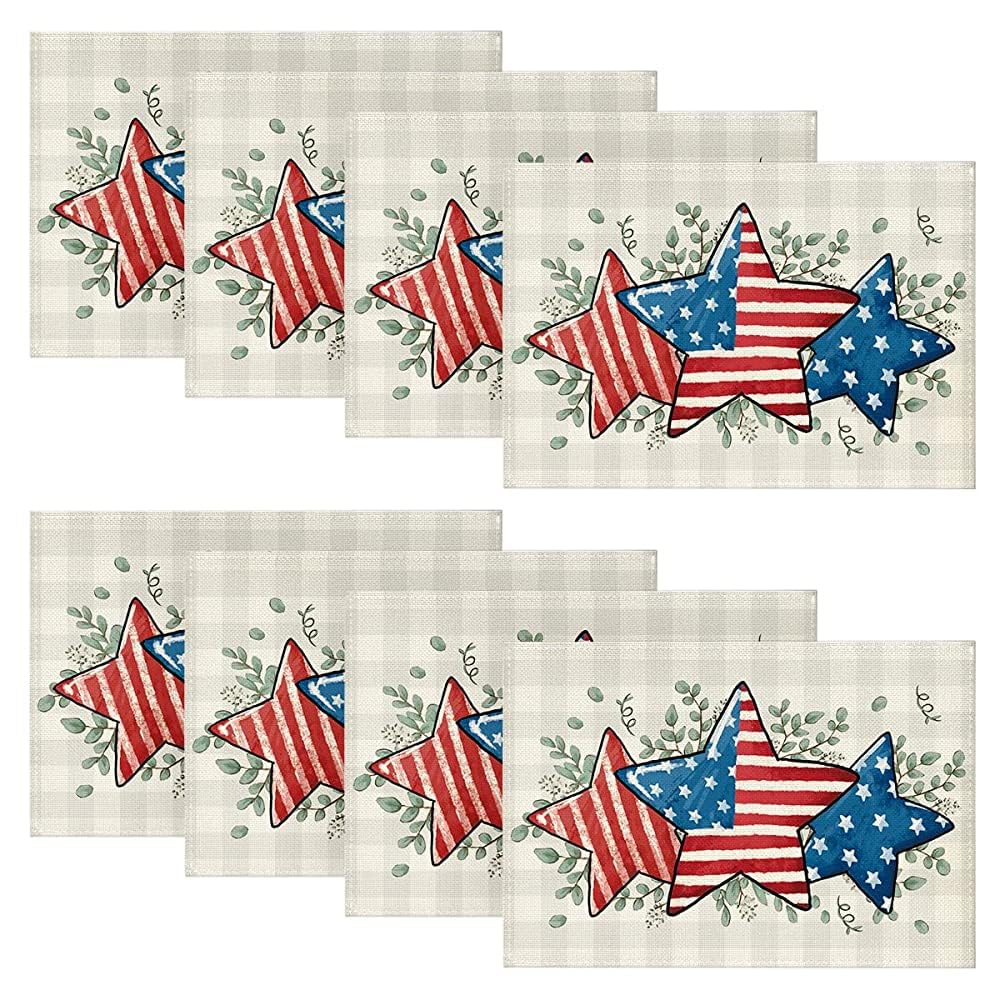 American Flag Stars Eucalyptus 4th of July Placemats Set of 4, 12x18 Inch Seasonal Patriotic Memorial Day Table Mats