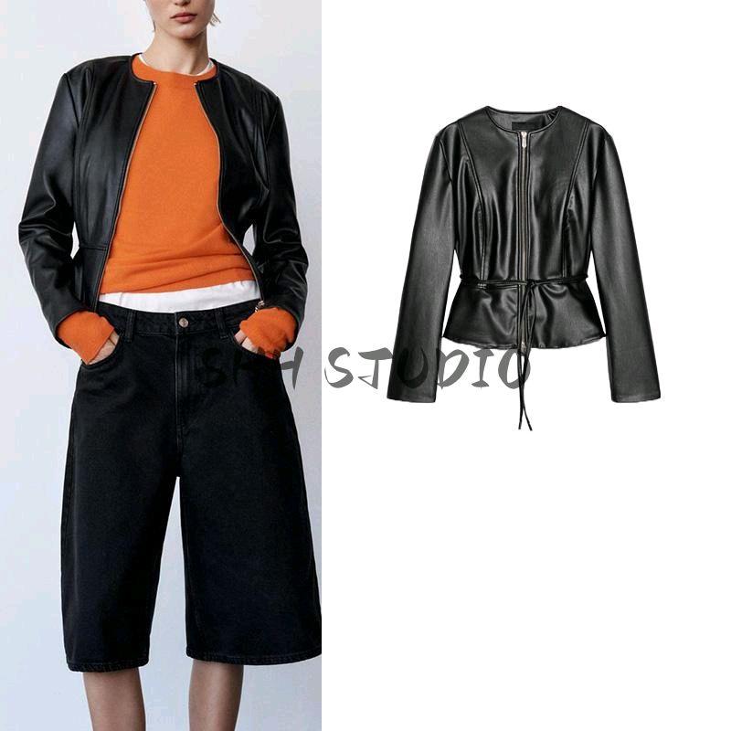 Women's Spring Clothing Fashion Style Short Skirt Hem Poly Urethane Leather Round Neck Long Sleeves Jacket Outwear 3046069