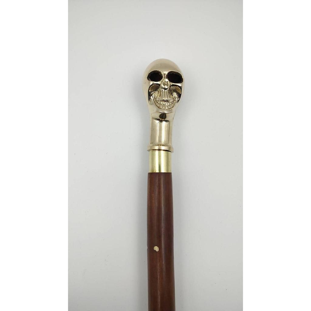 India Brass Skull Handle Wood Walking Stick Cane 3 Part Easily Open Walking Stick