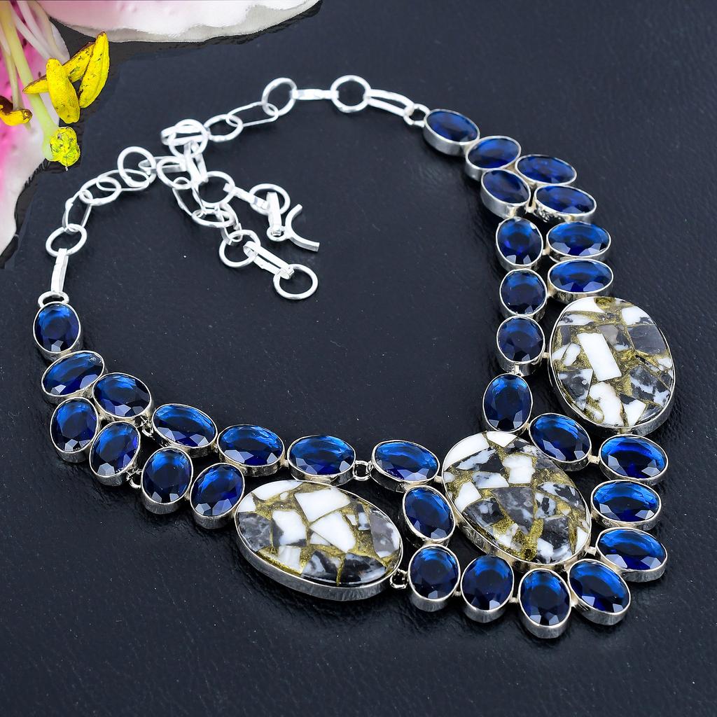 Zebra Jasper, Blue Topaz Gemstone 925 Sterling Silver Jewelry Necklace 18" KG-1842