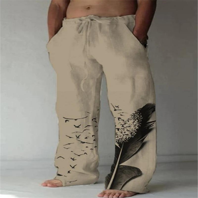 Men's New Cotton and Linen Printed Drawstring Elastic Trousers Casual Pants