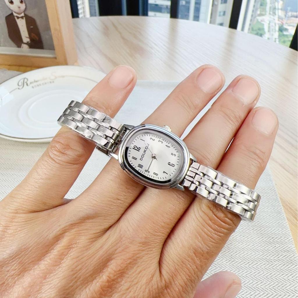 Women's Minimalist Quartz Watch with Elliptical Dial and Digital Markers, Steel Band, Small Wristwatch