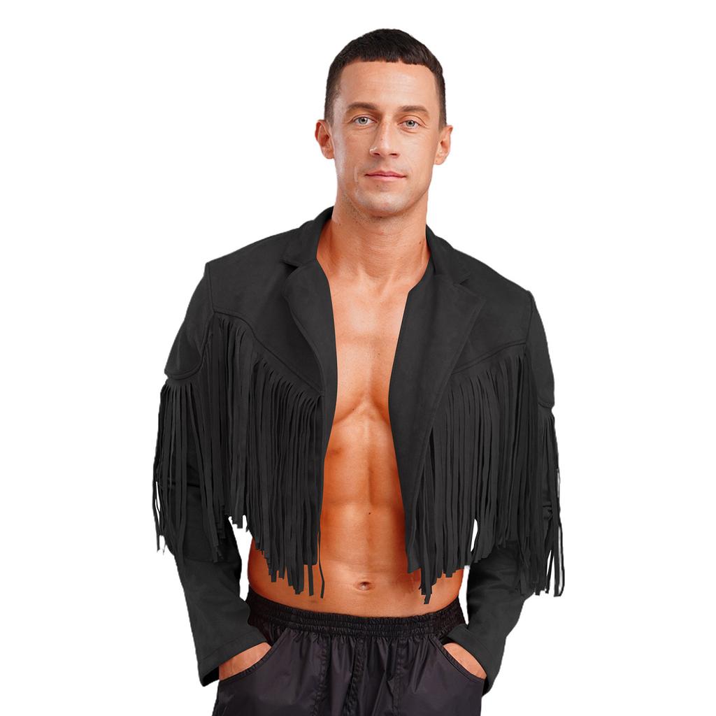Herren Fransen Wildlederimitat Jacke Cropped Design Reverskragen Langarm Offene Vorderseite Strickjacke 80er Hippie Cowboy Stil