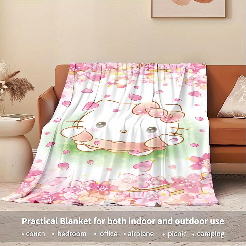 1pc Kitty, Pink, FlowersDigital Print Fleece Blanket - Contemporary Style, Suitable for All Seasons, Perfect for Home, Travel, or Camping -
