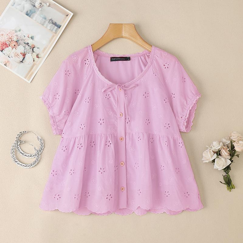 

ZANZEA Женская повседневная блузка с круглым вырезом, свободного кроя, с вышивкой, вязаная крючком, с коротким рукавом