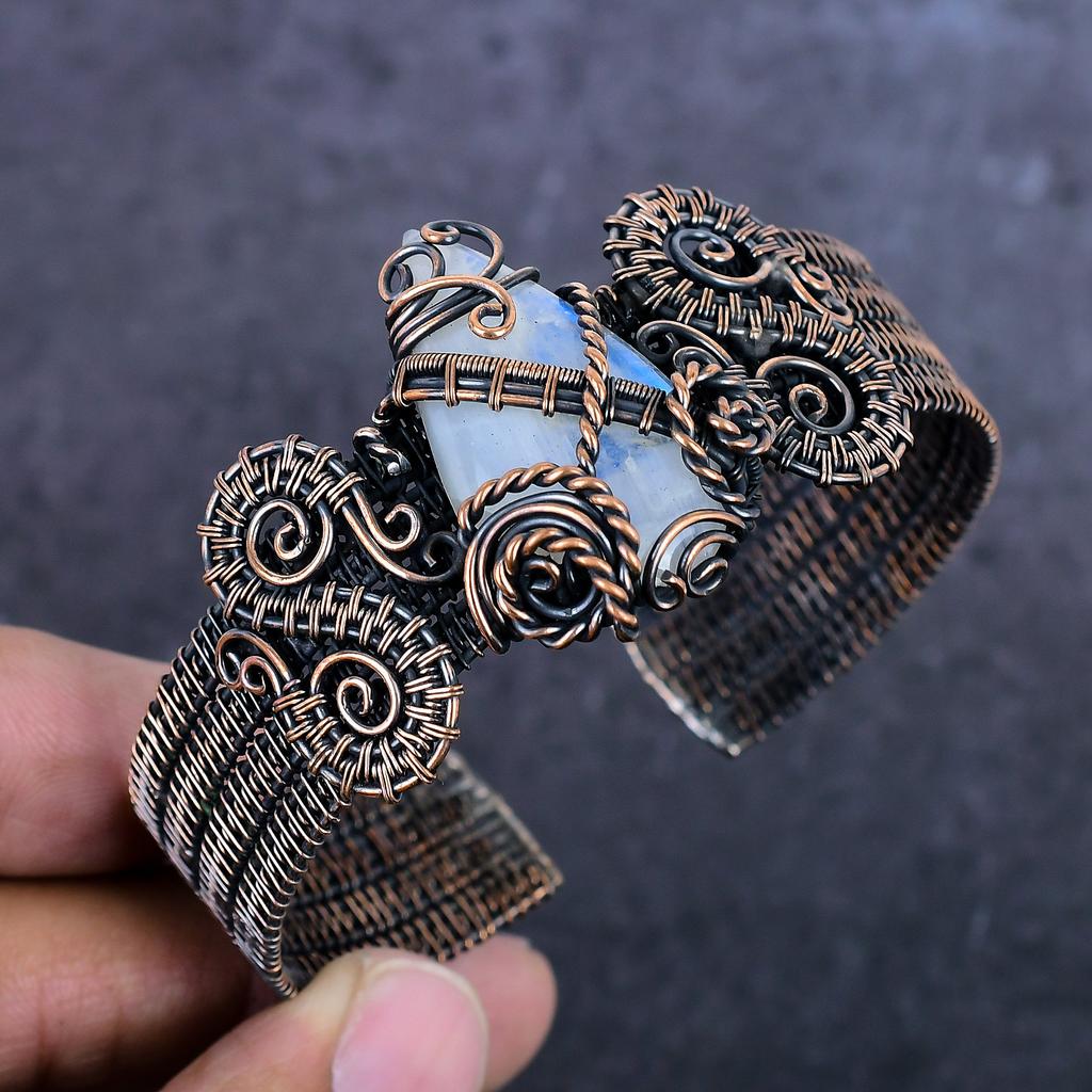 Moonstone Gemstone Handmade Copper Wire Wrap Cuff Bangle Adjustable ET-4974
