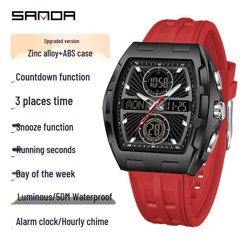 SANDA Men's Steel Band Dual Display Watch with Multi-Time Zone, Night Glow, and Waterproof Features