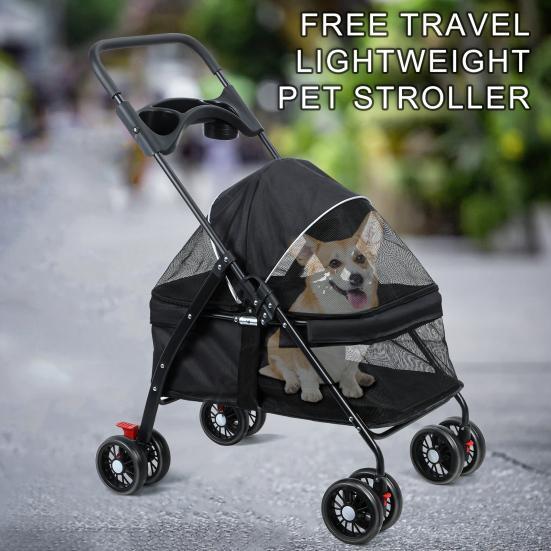 4 Räder Hunde Katzen Kinderwagen Outdoor Reise Haustier Faltkinderwagen Hunde Katzen Käfig Kinderwagen mit Becherhalter Atmungsaktives und Sichtbares Netz für Hund