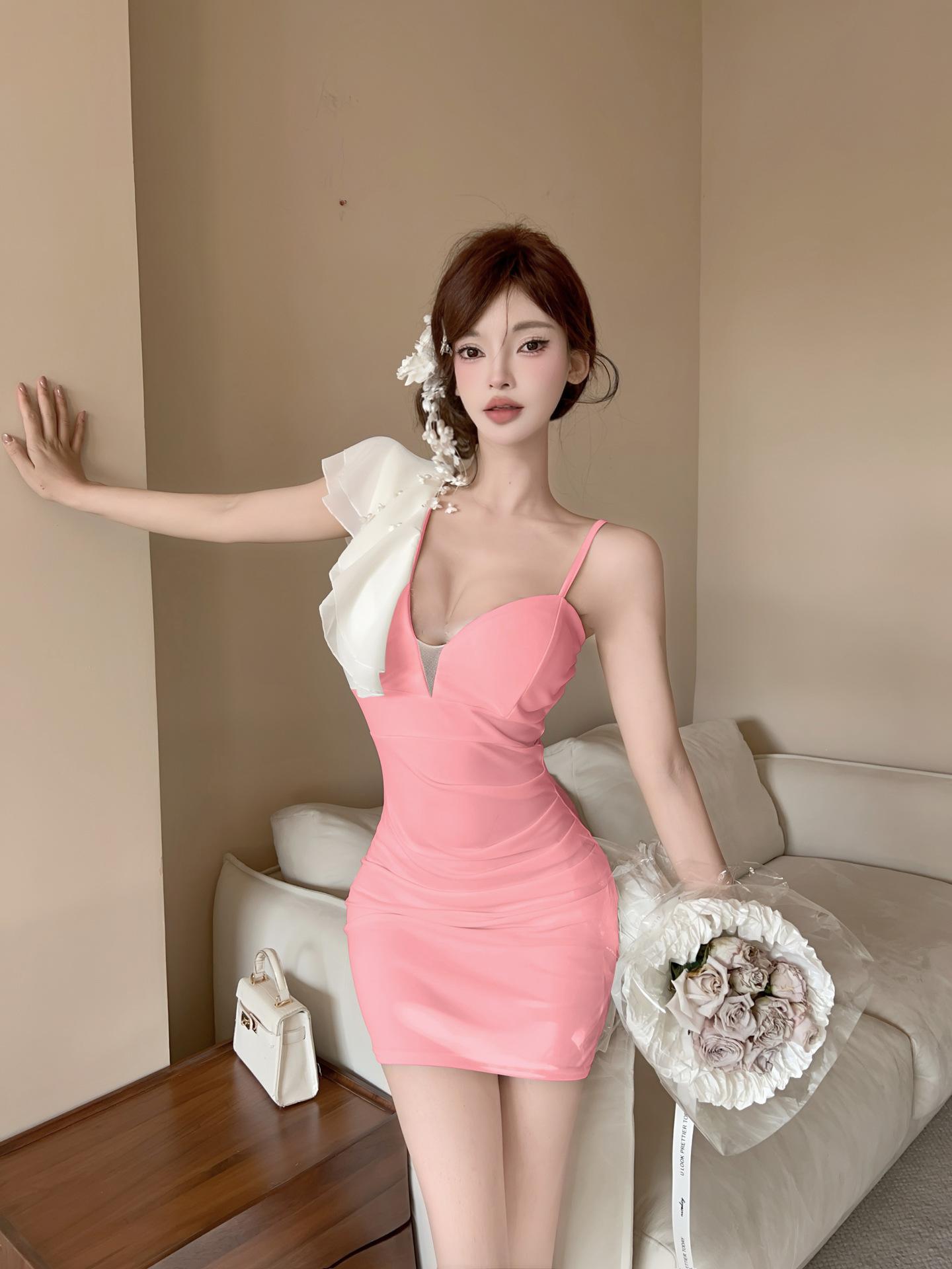 Temperament sexy off-the-shoulder thin women s clothing public relations short dress foot bath sauna work clothes S розовый