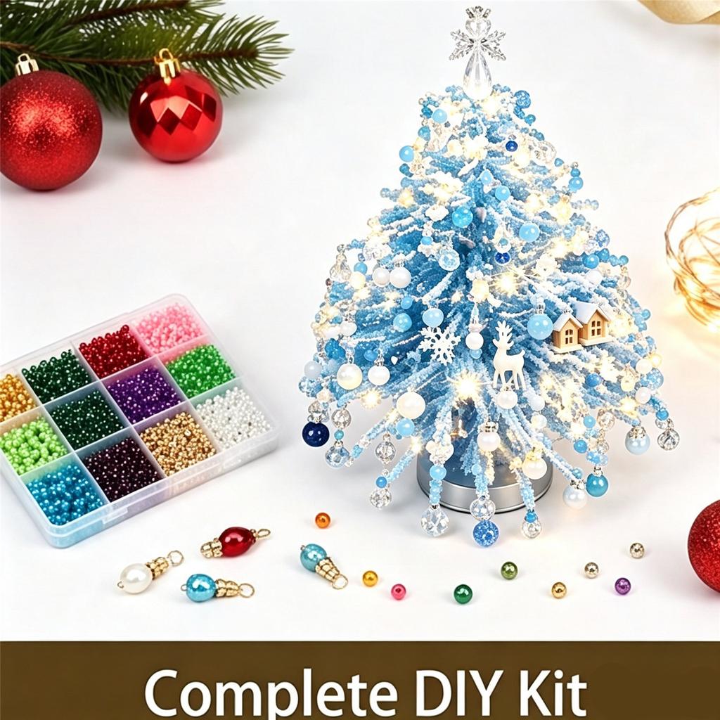 DIY Beaded Christmas Tree Kit with Colored Crystal Beads  Metal Frame  Angel Topper  Warm Glowing Tabletop Holiday Decor  Relaxing Holiday Craft