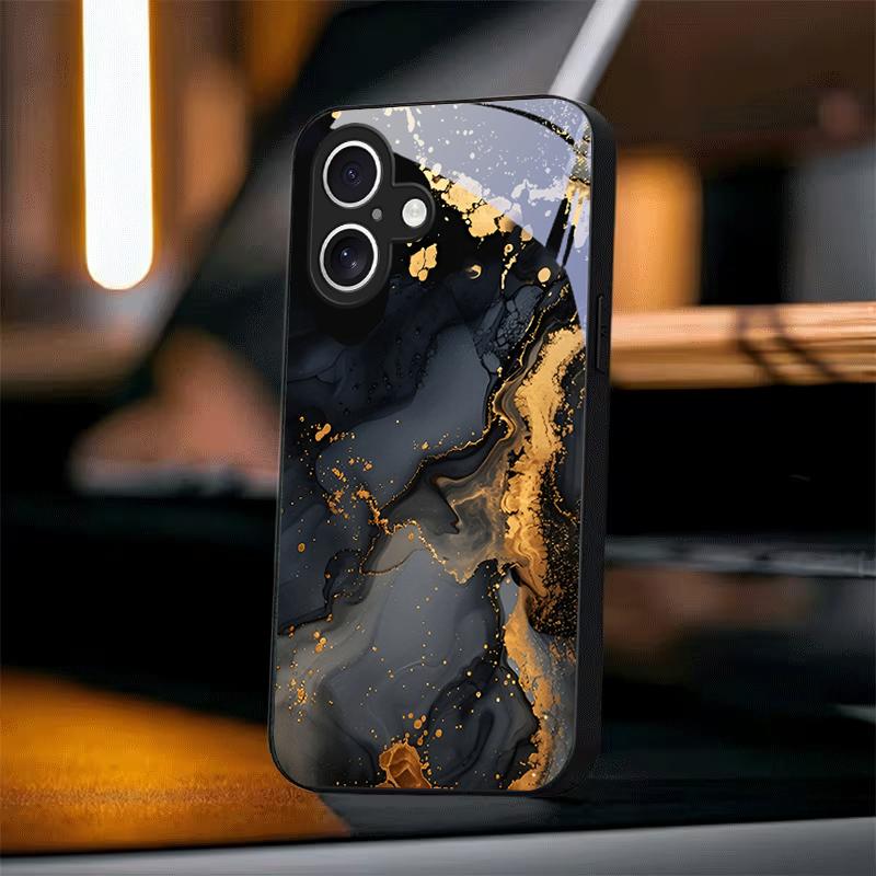 Abstract Gold Swirl Art Black Glass Phone Case For iPhone 18 17 Air 16 E 15 Plus 14 Pro Max 13 12 Mini 11 7 8Plus X Black Cover