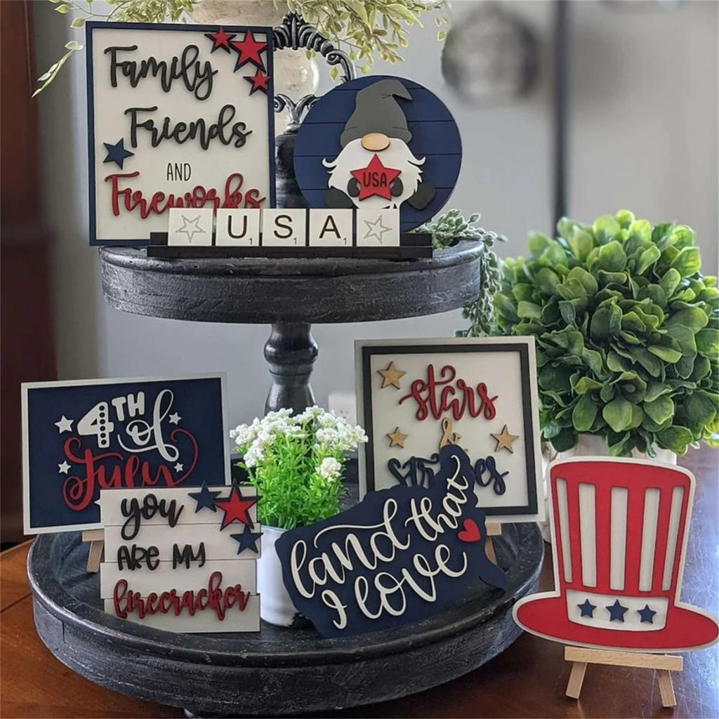8 Pcs Patriotic Tiered Tray Decor Bundle Wood Signs Independence Day Signs American Star Decor Veterans Day Red White Blue Decorations For Inde