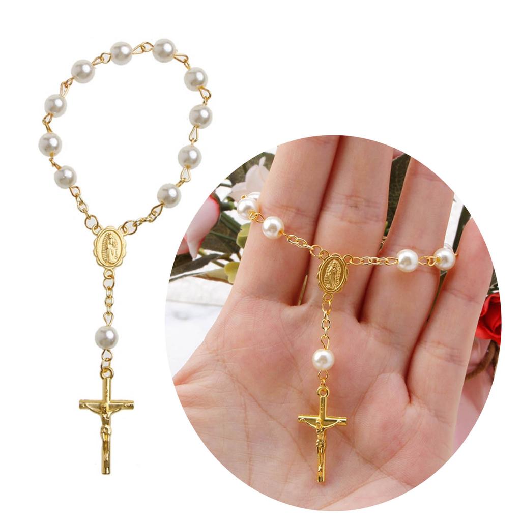 Náramek růženec z růžových květů katolický růženec nastavitelné přívěsky s křížkem šperky na prst a zápěstí