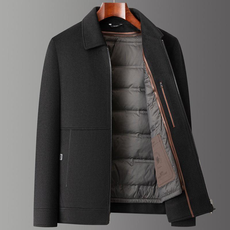 Men's Double-Sided Cashmere Lapel Jacket: Winter Business Wool Outerwear with Down Liner, Thick and Stylish for Middle-Aged Men.