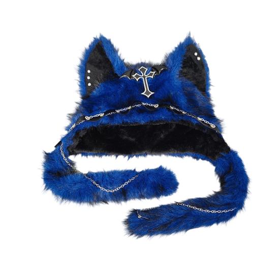 Caldo cappello invernale, adorabile cappello con animale di peluche, copricapo con orecchie di gatto pelose, accessori unici per cosplay, berretto morbido per costume di Halloween, tema festivo