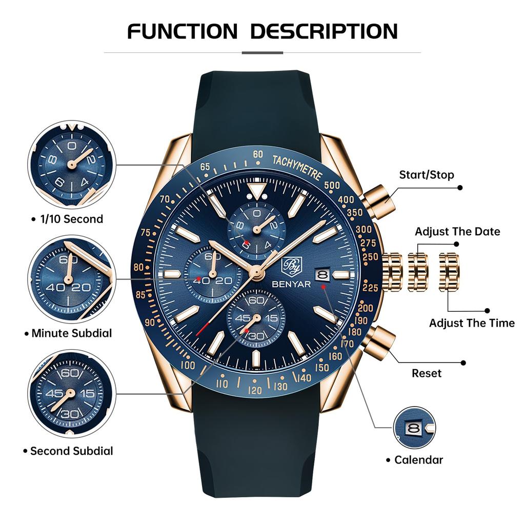 BY BENYAR Watch Watch Chronograph Analog Watch 30M Water Resistant Business Simple Stylish Popular Formal Leather Belt Quartz Watch Gift for Men Blue