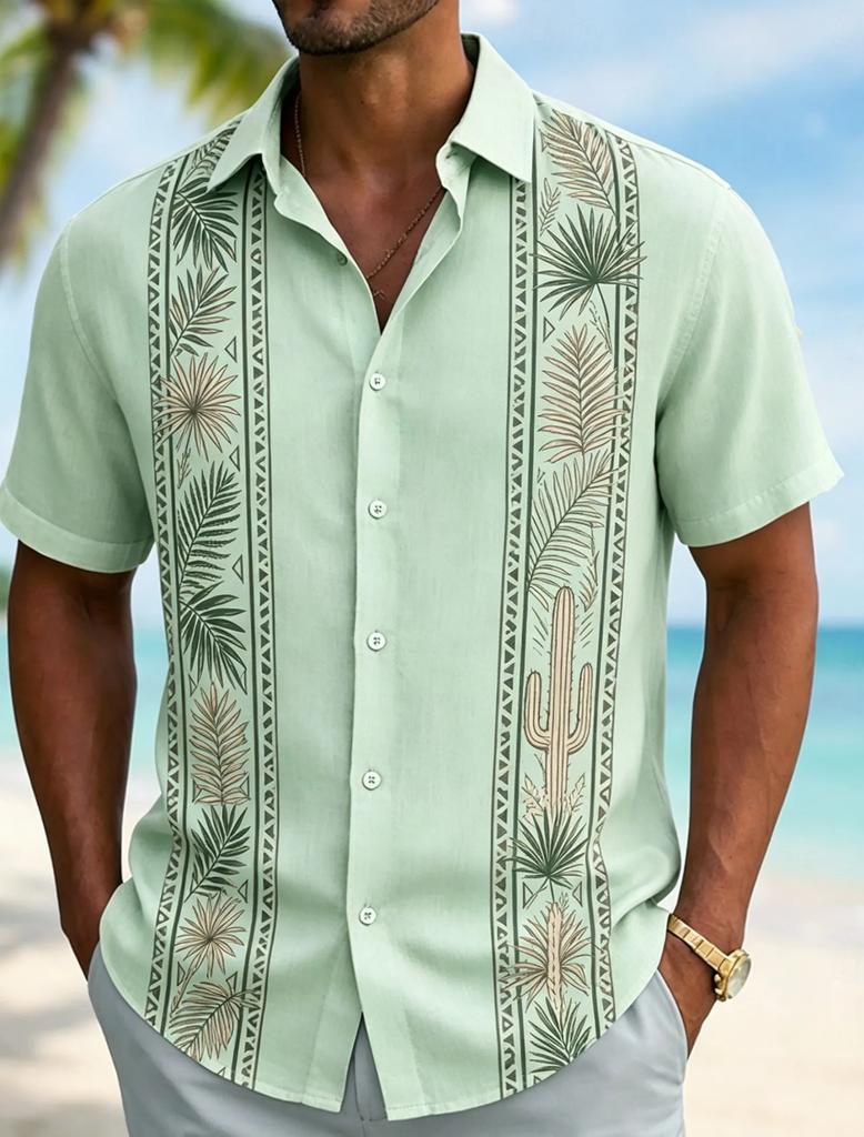 Summer Essential! Tribal Pattern Short Sleeve Shirt, Lightweight Linen Blend