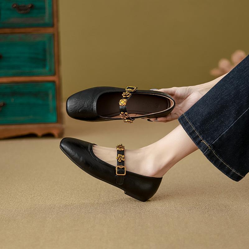Soft Sheepskin~ Retro Mary Jane Shoes for Women's 2025 Spring and Summer New Shallow Single Shoes Flat Bottom One-word Buckle Small Leather Shoes