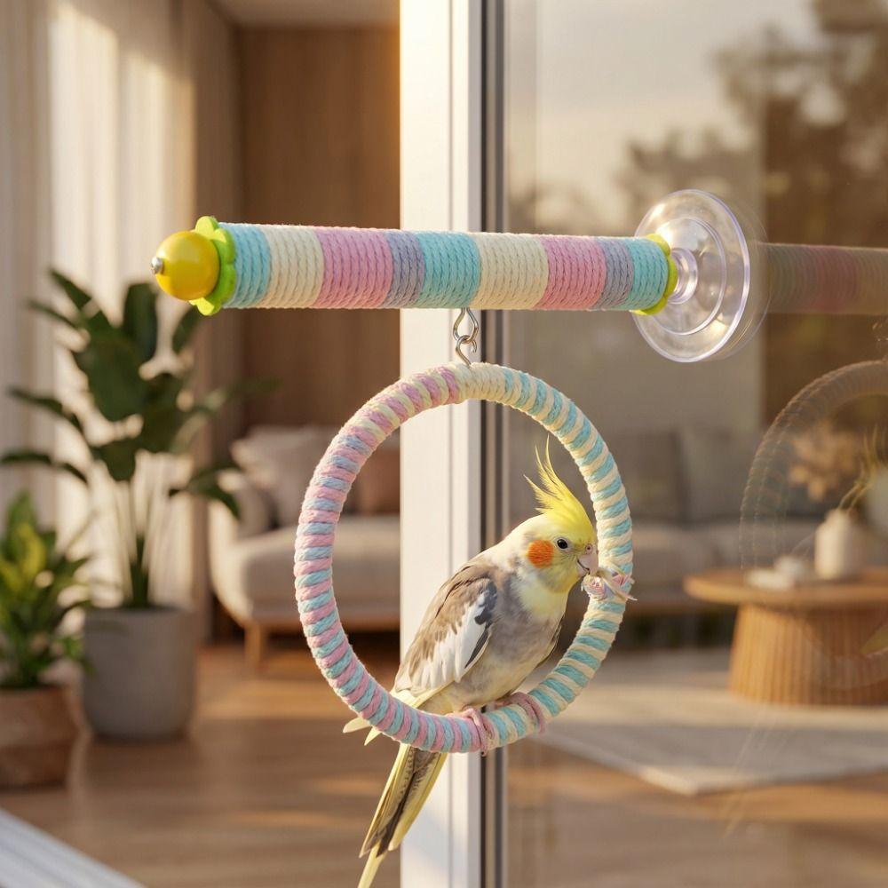 Comfortable Grip Suction Cup Swing Set Linen Rope Hanging Bird Standing Perch Parrot Toy