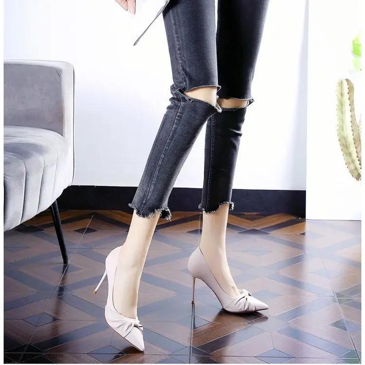 Fashion On Heeled Women's Shoes Evening Pointed Toe Thin Heels Ladies Footwear Beige Luxury Leather Casual Formal Wholesale Genuine Mark