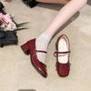 Bow-knot High-heeled Patent Leather Block-heeled Single Shoes for Women 2026 Spring New Style with Skirt Shallow Mary Jane Shoes