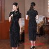 Elastic mesh flocking long short-sleeved cheongsam early autumn new fashion slim-fit high-end daily cheongsam skirt