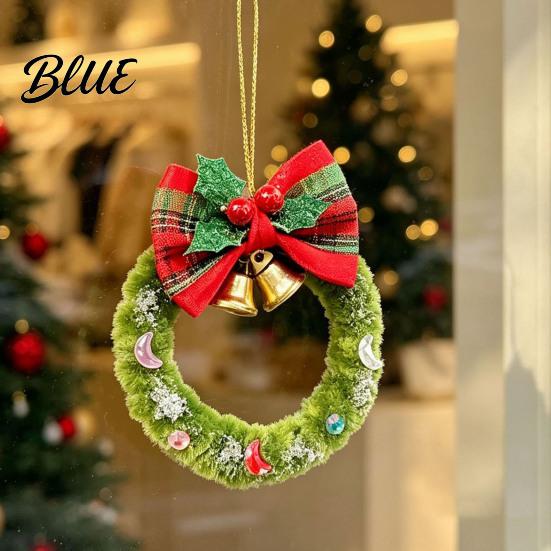 Retro Style Plaid Bow Pendants Mini Christmas Wreath Ornament, Hanging Decoration with And Small Fabric Decorations for Home Metal Bells, Handmade