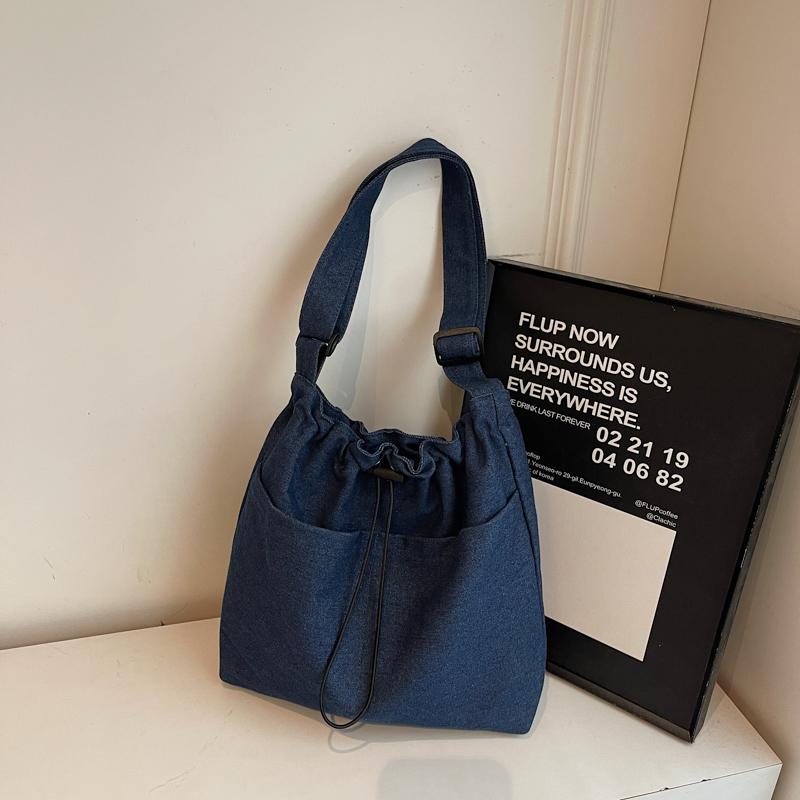 Large Capacity Drawstring Bucket Bag Women's Denim Crossbody Bag Commuter Shoulder Bag