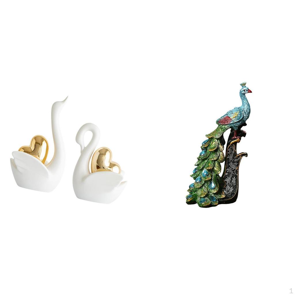 Elegant Swan And Peacock Figurines Tabletop Ornament Art Crafts Animal Sculpture Collection for
