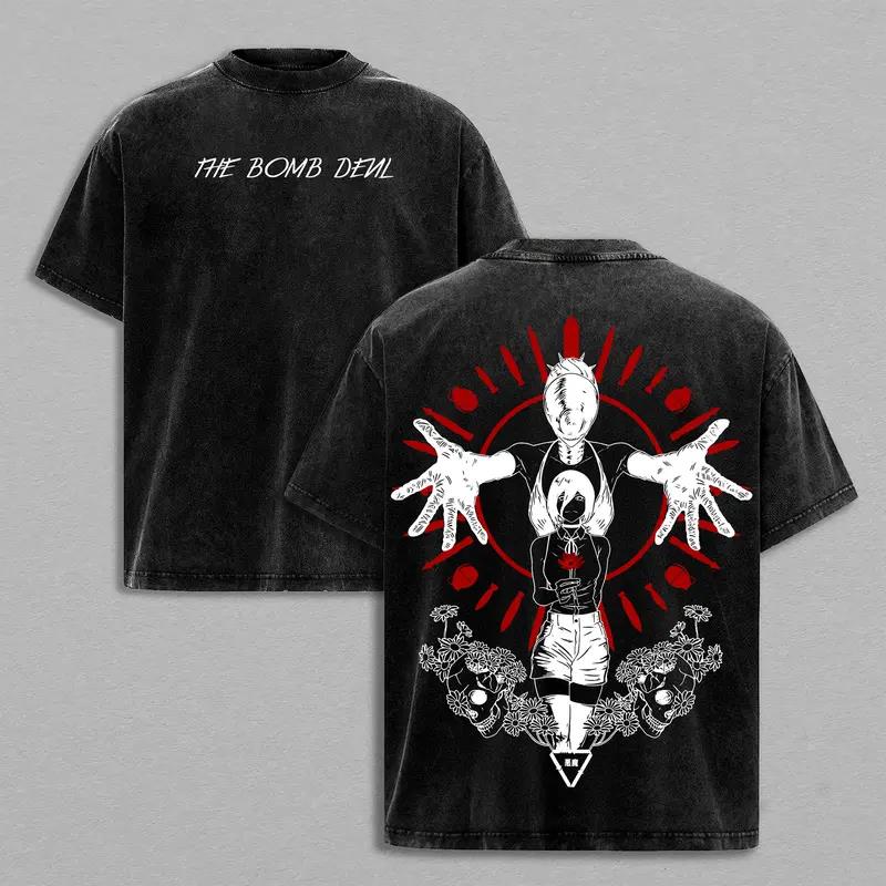 Hot Anime Chainsaw Man Reze Print T-shirt Men Women Short Sleeve Clothing Cotton Tshirt Retro Washed T Shirt Harajuku Manga Tops