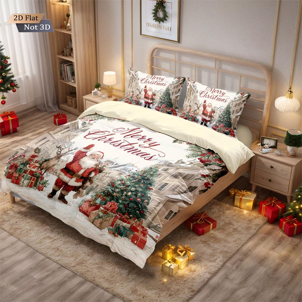 3pcs Merry Christmas, Santa Claus Print, Coreless Down Comforter Set Multi Size Bedroom Bedding Decoration  Machine Washable