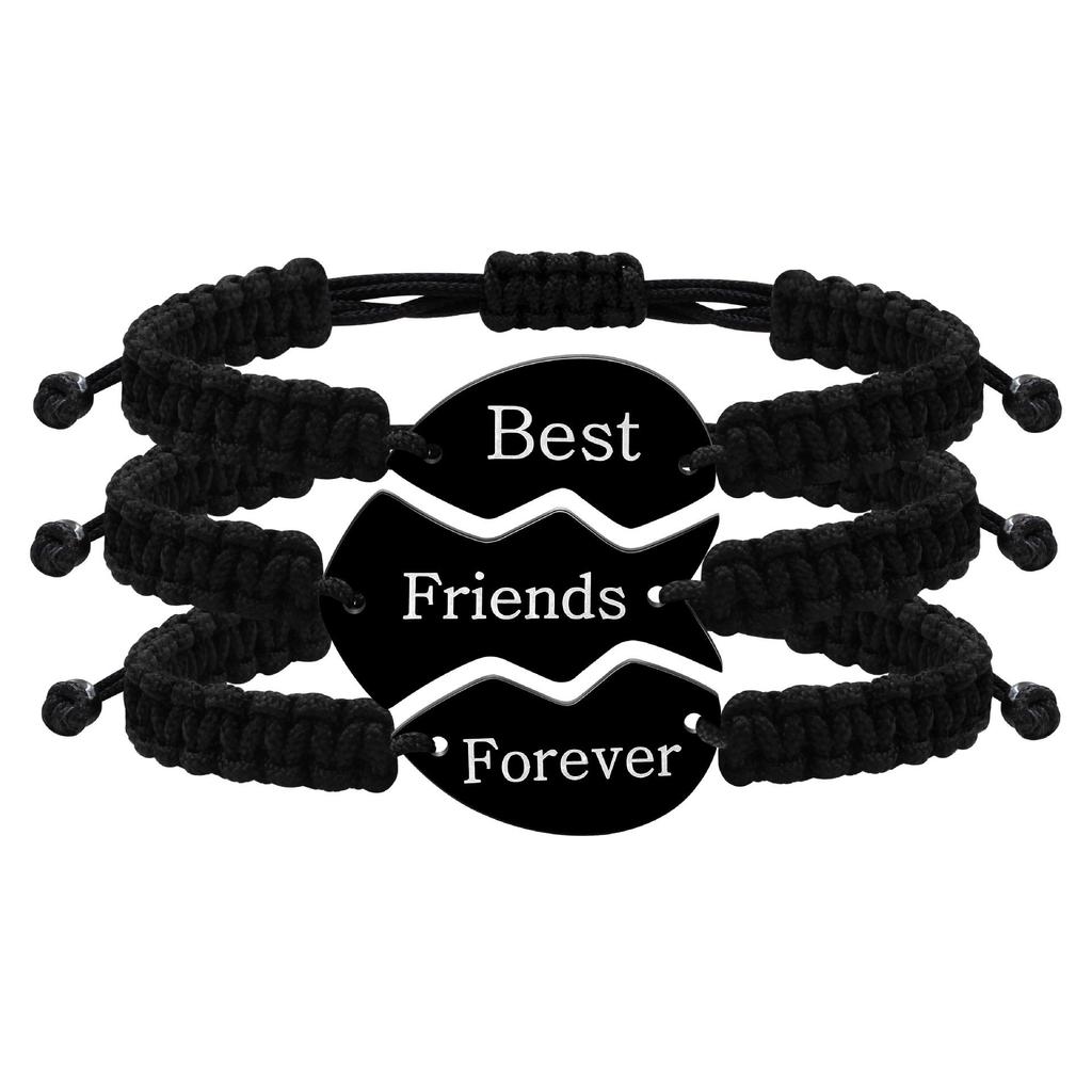 3-Piece Multicolor Puzzle Heart Best Friends Bangle Set, Titanium Steel Engraved