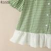 ZANZEA Women Casual Turn Down Collar Summer Short Sleeve Grid Blouse