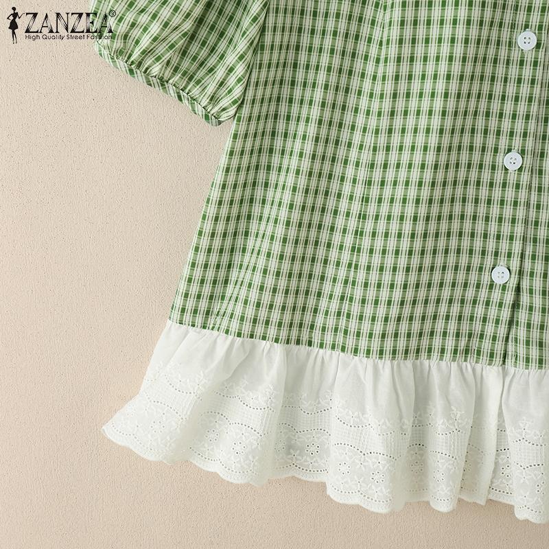 ZANZEA Women Casual Turn Down Collar Summer Short Sleeve Grid Blouse