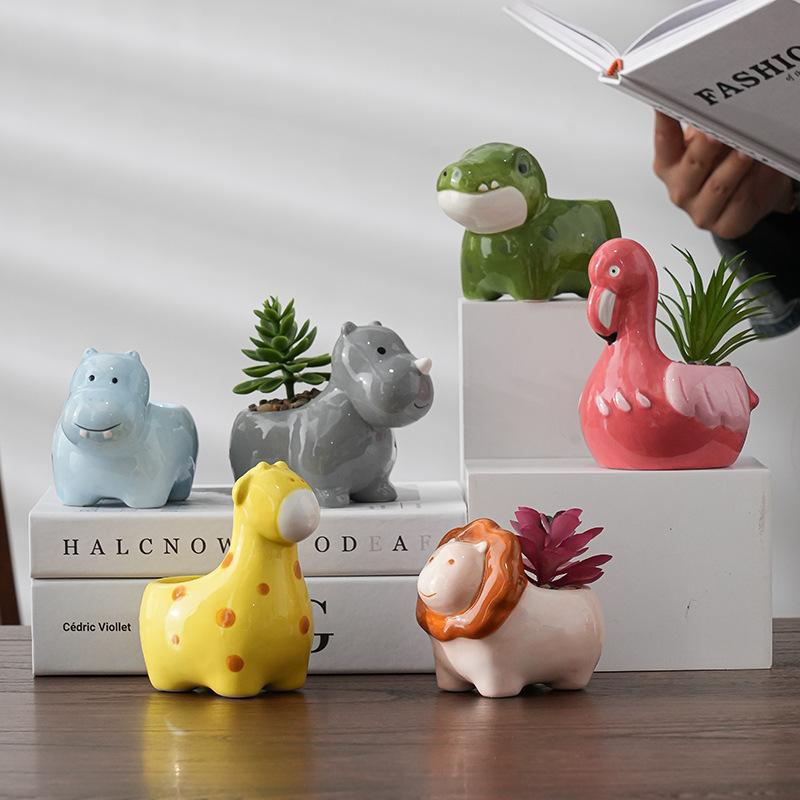 Cartoon Animal Ceramic Flower Pot Cute Lion Giraffe Plant Cactus Potted Home Garden Flower Vase Interior Desktop Decoration Gift