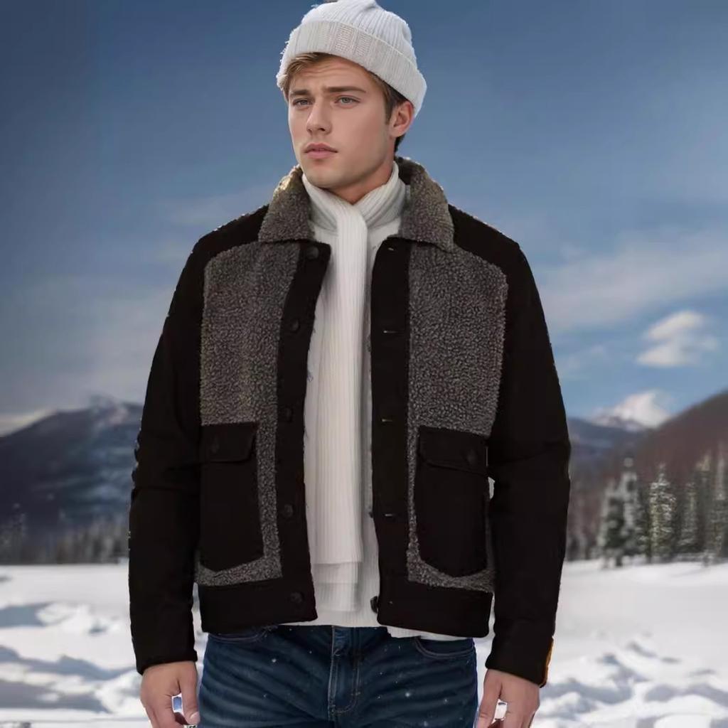 Autumn and Winter New Lamb Wool Splicing Woolen Coat European Jacket Men's