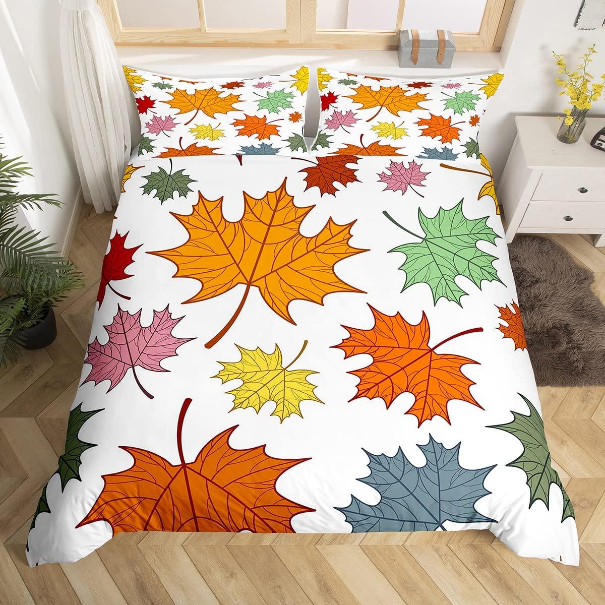 

Maple Leaf Duvet Cover King Canada National Flower Bedding Set Autumn Fallen Leaves Botanical Comforter Cover EU single(135x200cm)