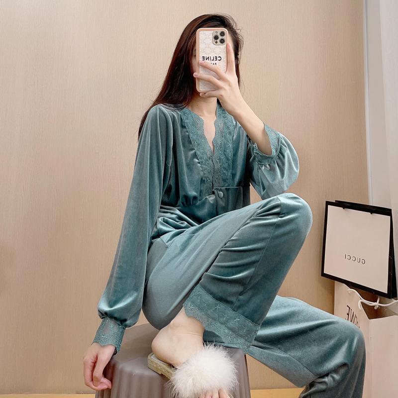 Women Sexy Pajamas Set 2PCS Shirt&Pant Velvet V-neck Lace Trouser Suits Loose Home Clothes Lounge Wear Long Sleeved Pijamas