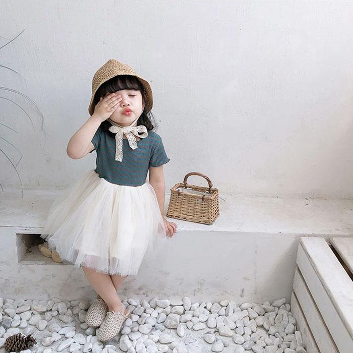 Girls Summer Dress Princess Dress Short Sleeved Gauze Striped Dress Cute A-line Mesh Dress