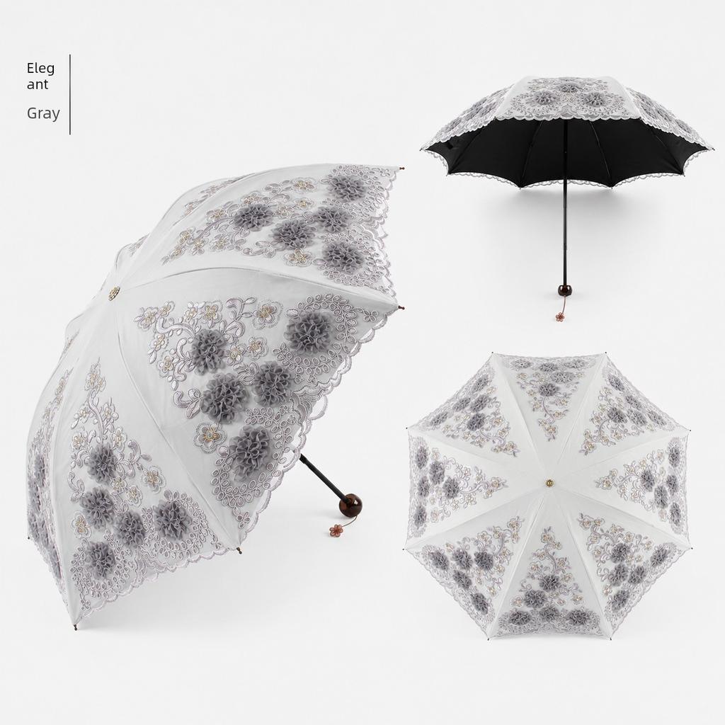 Retro Anti-Uv Embroidered Sun Umbrella, Lace Edge Sun Protection Umbrella, Palace Style Women's Umbrella, New