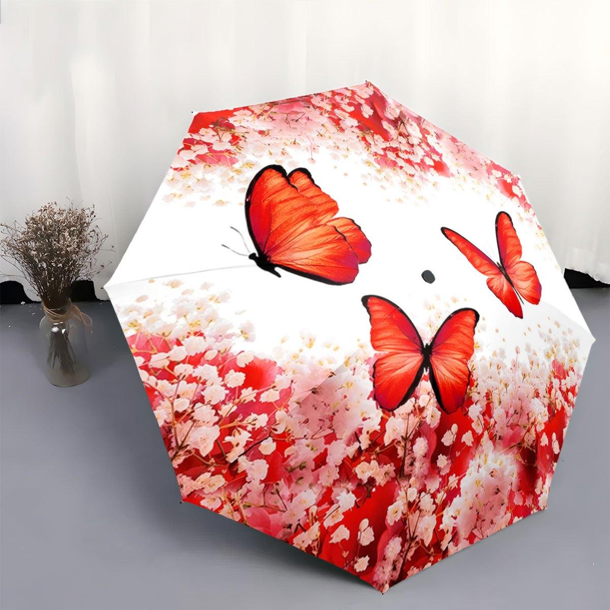 

1pc Open/Close Umbrella with Red & Pink Flower Design - Collapsible Portable Folding/Opening Umbrella, Compact for all-Season