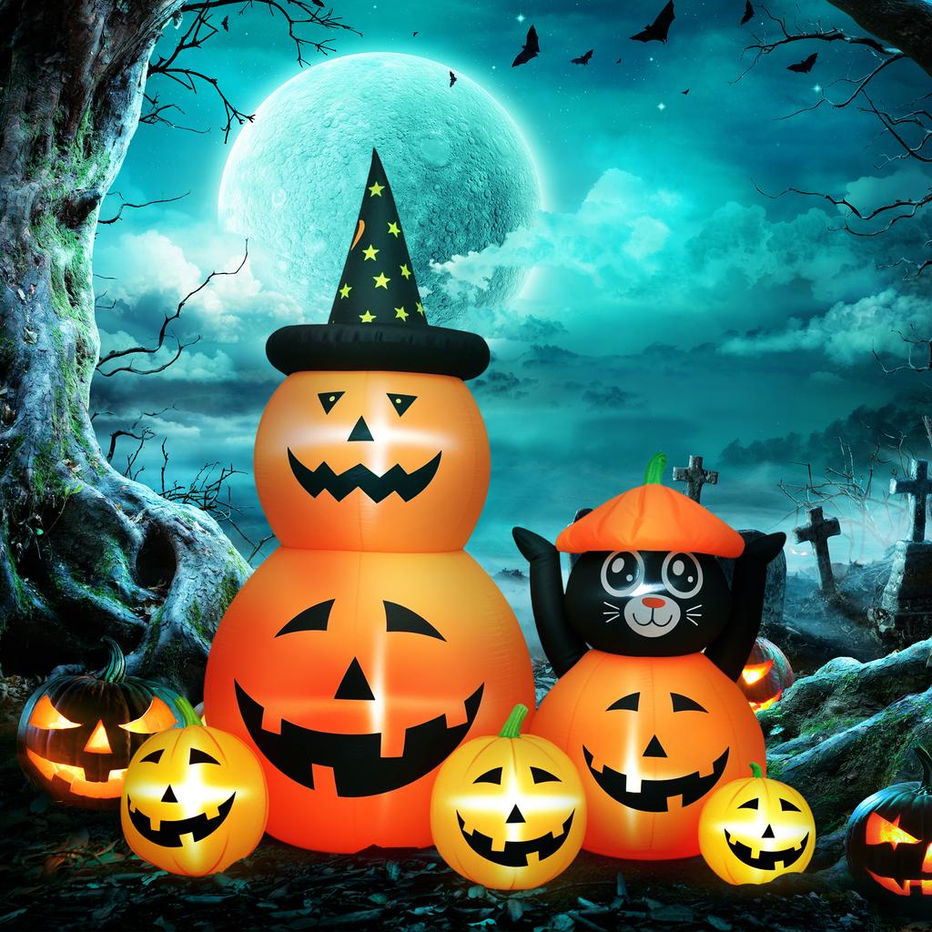 Inflatable Halloween Pumpkin with 6-Legged Cat, LED Lights, IP44, and Inflator for Parties, 160x100x180 Cm, Orange
