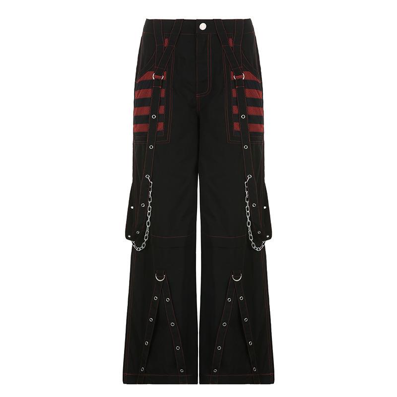 Retro Dark Style Cool Saucy Webbing Corn Chain Casual Pants Contrasting Striped Mesh Wide-leg Pants