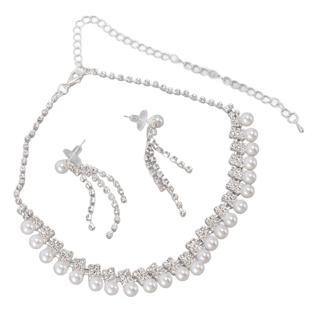 Women Necklace Earring Set Rhinestone Artificial Pearl Shiny Bride Jewelry Set for Birthday Party Wedding
