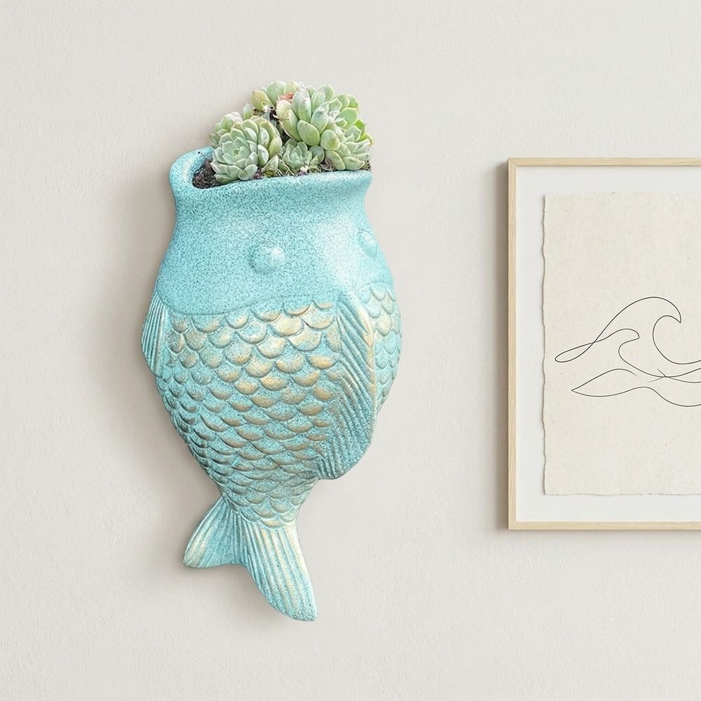 Adornos de Peces Estilo Rústico Macetero de Pared sin Taladro Cerámica Floral Decorativa Única Exterior