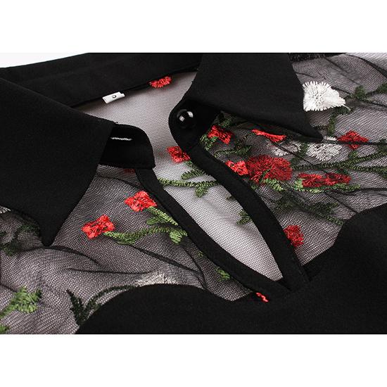 Spring and Autumn Fashion Women's Medium Long Skirt Mesh Embroidery Horn Sleeve Splicing High Waist Long Sleeve Big Swing Skirt Retro Dress